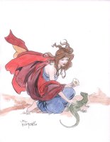 Flowy Gown Woman With Lizard Pencil & Watercolor Art - Signed Comic Art