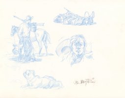 Cowboy Studies with Horse, Sleeping, and Dog Pencil Art - Signed Comic Art
