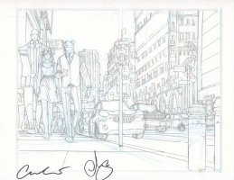 The Door Pencil Art - Lize with Pig Man and Tall Man in City - Signed Comic Art