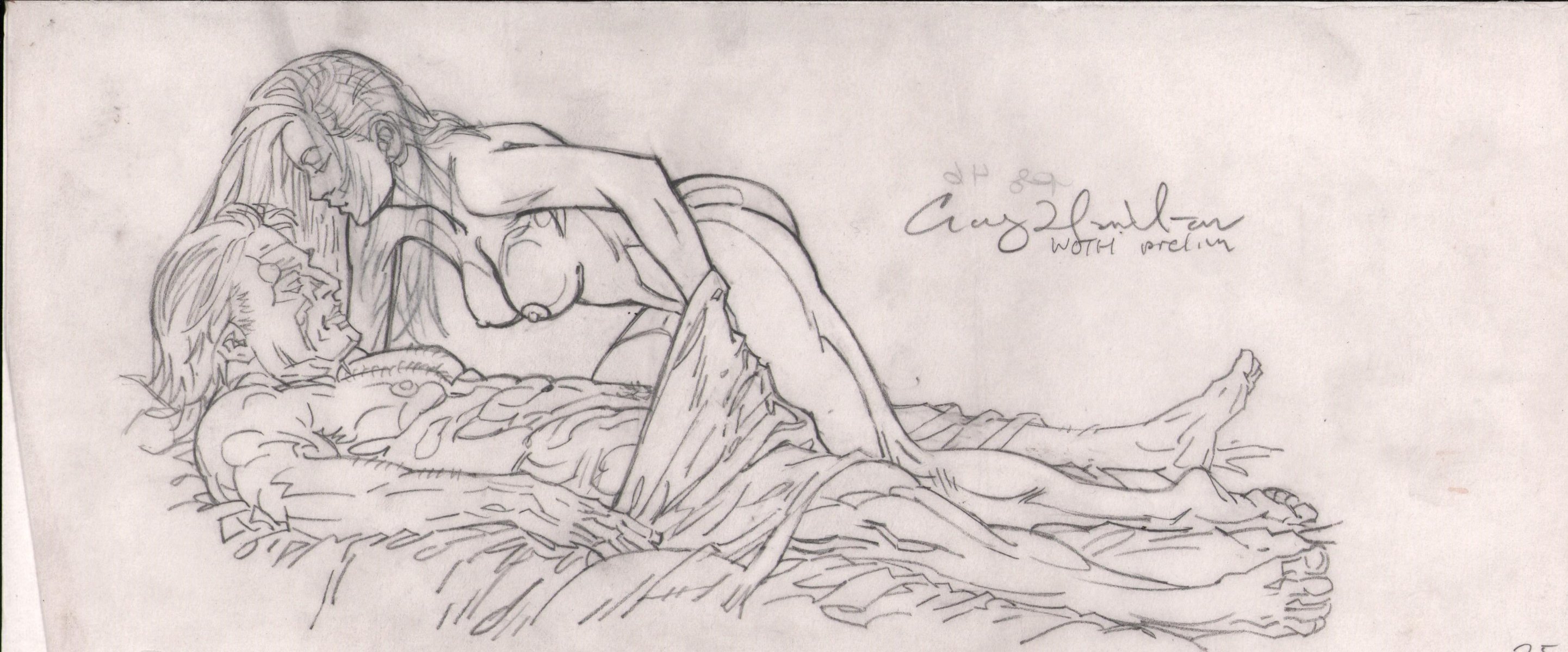 Woman Pleasuring Man Pencil Sketch On Vellum - Signed | Nerd Crawler