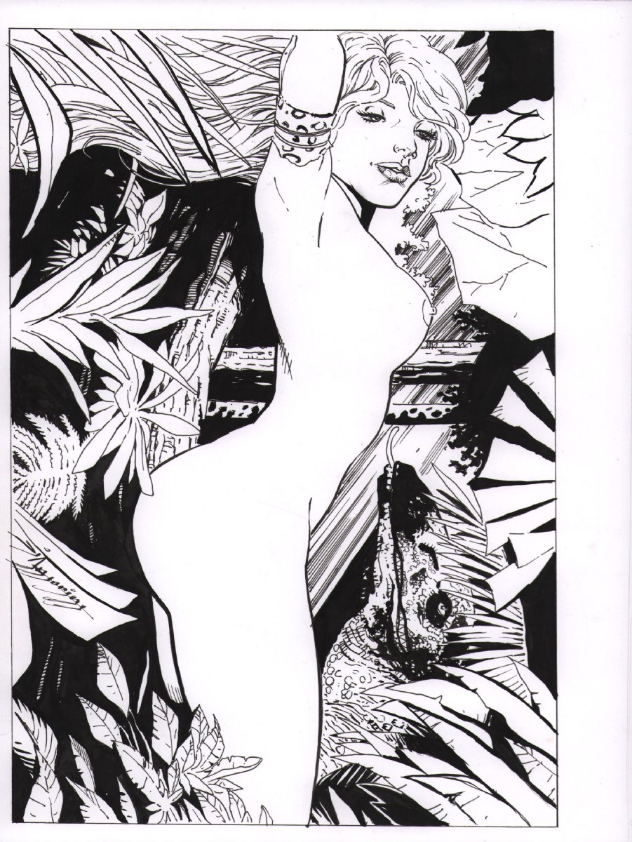 Reclining Nude Jungle Girl With Raptor - Signed for | Nerd Crawler