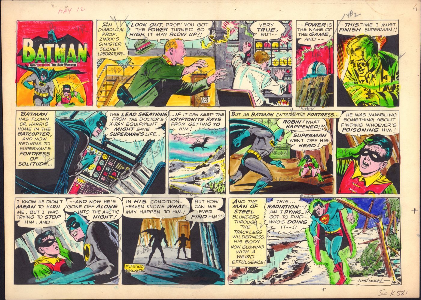Batman with Robin the Boy Wonder Sunday Strip Color Guide Art - Batman,  Robin, and Superman - 5/12/1969 by Vintage STATs and Production Art