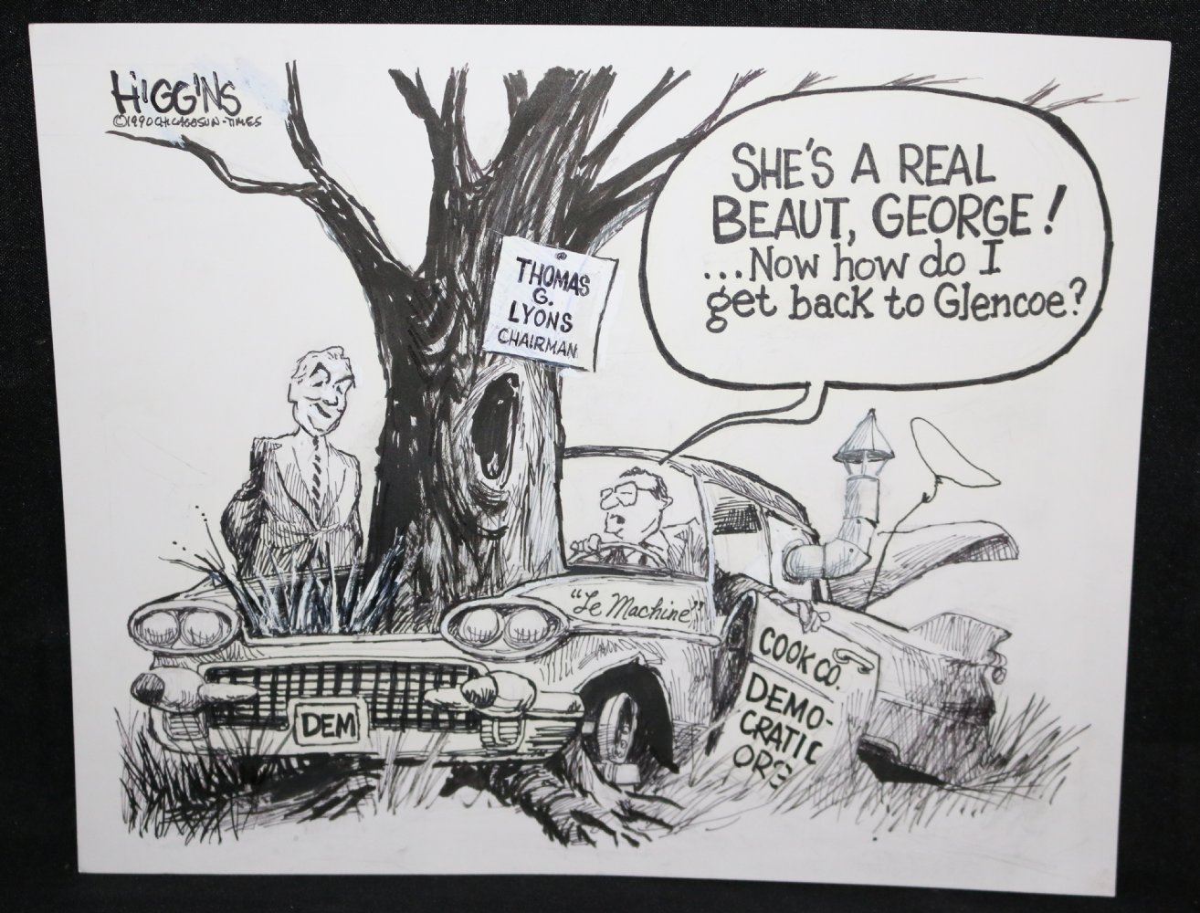 Thomas G. Lyons Chairman Car in Tree Chicago Sun-Times Newspaper Cartoon -  1990 Signed by Jack Higgins