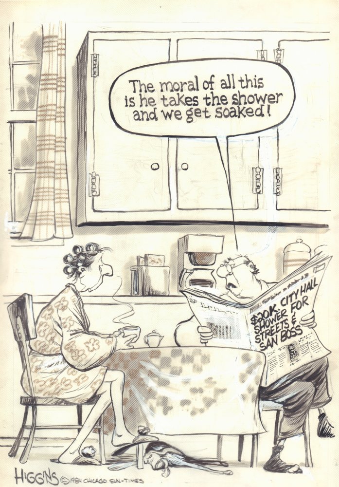 Husband to Wife: ''He's taking the shower and we get soaked!'' Chicago  Sun-Times Newspaper Cartoon - 1984 Signed by Jack Higgins