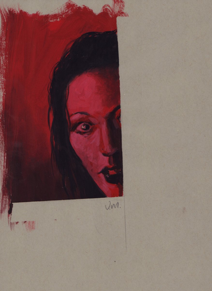 Woman Scared Red Face Painted Art - Signed by Val Mayerik