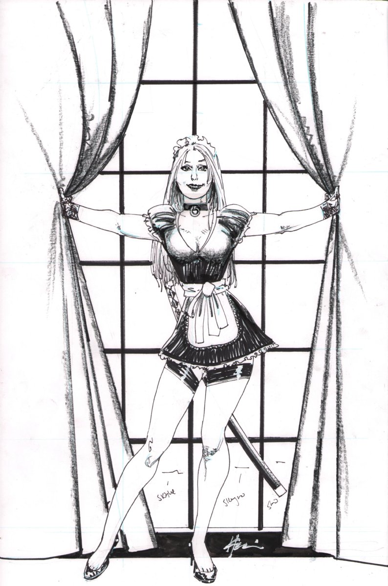 French Maid Opening Curtains Art (Cover?) - Signed by Howard Chaykin